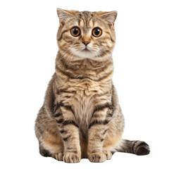 Obraz premium fluffy tabby cat with large eyes sits upright, showcasing its playful and curious nature. cat fur features distinct stripes and soft texture, making it adorable companion