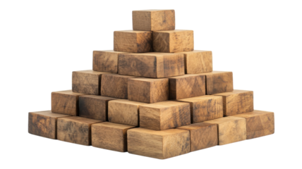 Stacked wooden blocks forming a pyramid structure on a clean white background