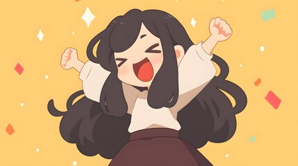 of a young energetic woman with a bright joyful expression on her face surrounded by colorful shimmering confetti on a vibrant celebratory backdrop  This image captures a sense of pure happiness