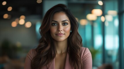 A captivating portrait of a confident woman in a modern indoor setting, radiating elegance and self-assuredness, ideal for professional and empowerment themes.