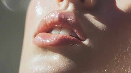 Intimate Close up of Luscious Glossy Lips in Soft Focus Highlighting the Beauty Sensuality and Allure of the Subject  Captivating and Seductive Imagery Evoking Passion and Desire