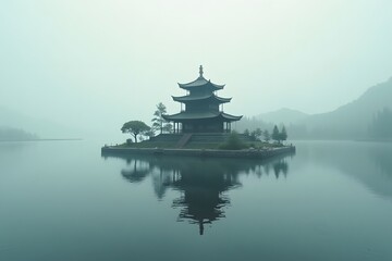 Obraz premium A floating temple in the middle of a serene lake, its reflection shimmering in the still water.