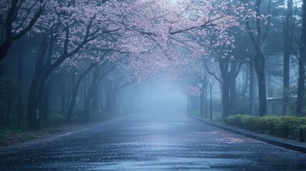 Cherry Blossom Trees Blooming Along Foggy Road in Springtime