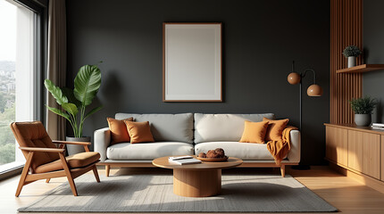 Japanese interior design of modern living room, home. Mid-century sofa near wooden cabinet against dark wall with poster, frame. 