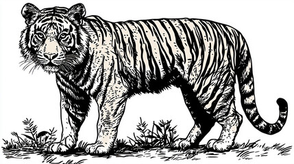 Tiger Portrait Monochrome Vector Illustration, Perfect for Wildlife Branding (虎の肖像)