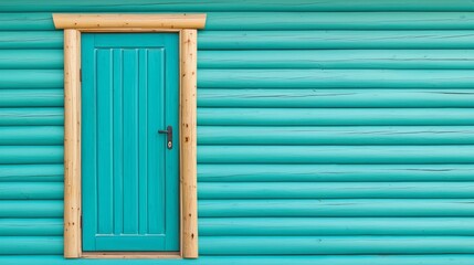 A vibrant turquoise door framed by wooden logs, set against a textured blue-green wall, creating a striking and inviting entrance.