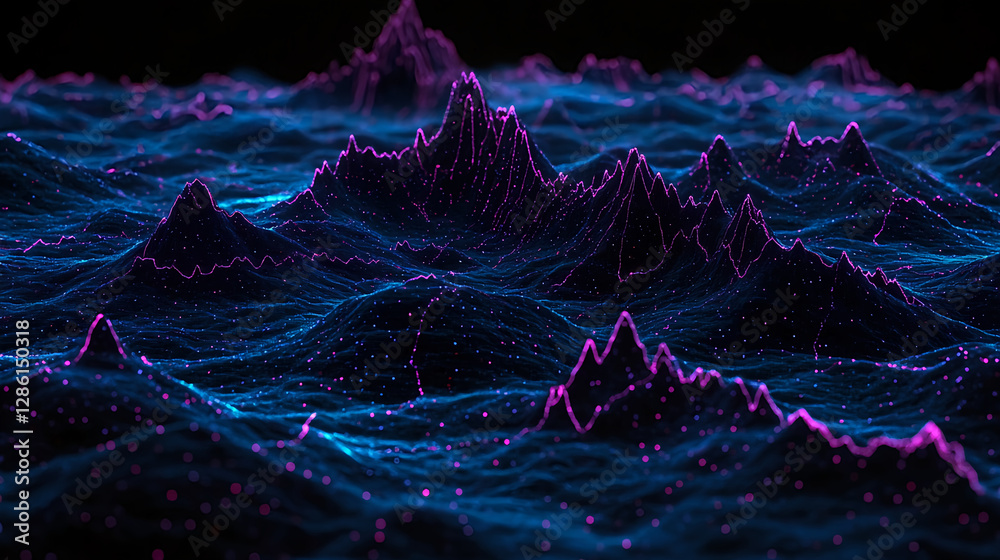 Poster dynamic digital terrain visualization abstract space 3d render dark environment high-tech perspectiv