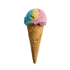 Delicious ice cream cone with colorful scoops of blue and pink flavors, perfect for hot day. Enjoy sweet treat
