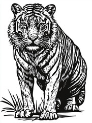 Tiger Roaring Monochrome Vector Art, Isolated on White for Wildlife Branding (虎の咆哮)