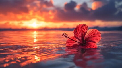 Red Hibiscus Flower Floating in Ocean Water at Colorful Sunset