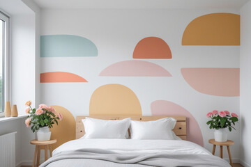 Simple bedroom with double bed, pastel colored decor on the wall. AI generated