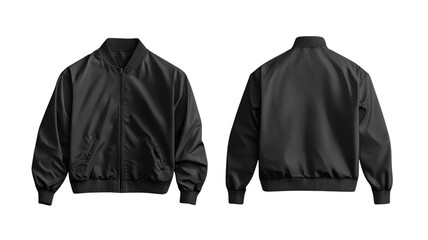 Stylish black bomber jacket design displaying a sleek front and back view for contemporary fashion enthusiasts