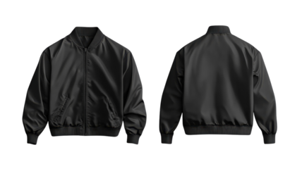 Stylish black bomber jacket design displaying a sleek front and back view for contemporary fashion enthusiasts
