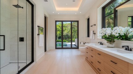 Fototapeta premium Modern bathroom, Florida home, pool view, spacious