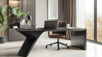 Minimalist black desk with clean lines and modern design suitable for office or home workspace
