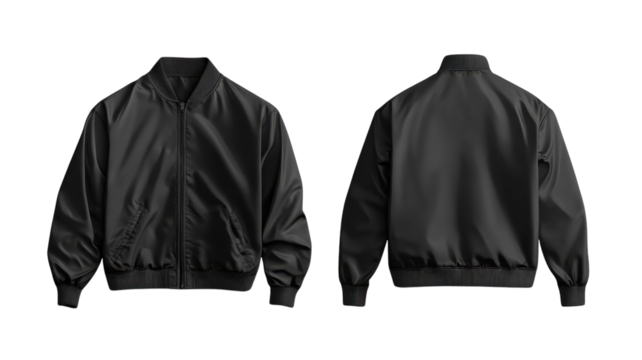 Stylish black bomber jacket design displaying a sleek front and back view for contemporary fashion enthusiasts
