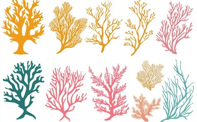 A modern set of colored coral and seaweed silhouettes. Sea kelp and coral reef depicted in a hand-drawn doodle style. Illustration of marine aquarium vegetation.