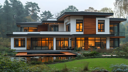 Modern House Exterior With Large Windows And Wood Siding