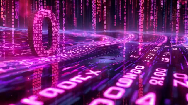 Futuristic Digital Landscape with Binary Code and Vibrant Pink Lines Representing Data Flow