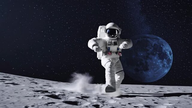 Astronaut surfing on the moon's surface with Earth in the background. Low-angle shot, capturing a playful, surreal video concept in space.