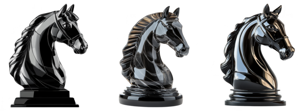 Triangular arrangement of glossy black chess knight sculptures showcasing different angles