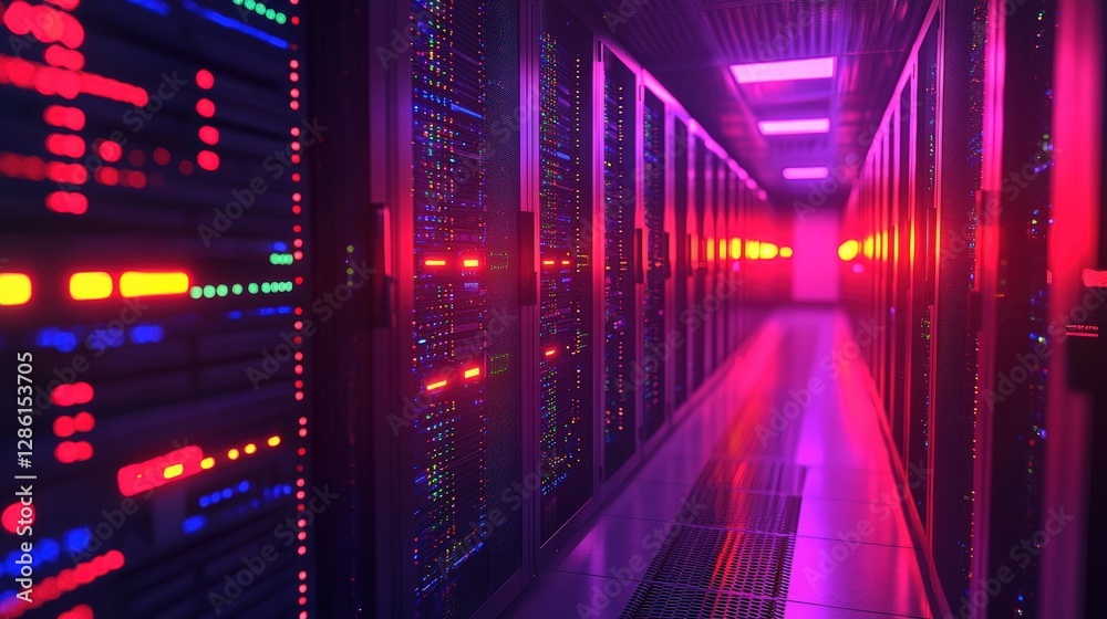 Poster high-tech server room illuminated by red and blue lights with racks of computer servers in rows