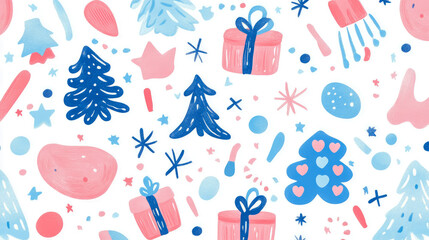 Festive Christmas Season Pattern for Fabric, Card, and Gift Wrap with Trees, Stars, and Presents