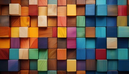 colorful wooden blocks aligned tiled colors of wooden blocks or cubes wide format hand edited generative ai arranged wooden blocks in wall decoration mosaic like pattern