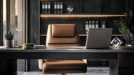 Laptop and chair placed on a wooden table in a bright modern workspace