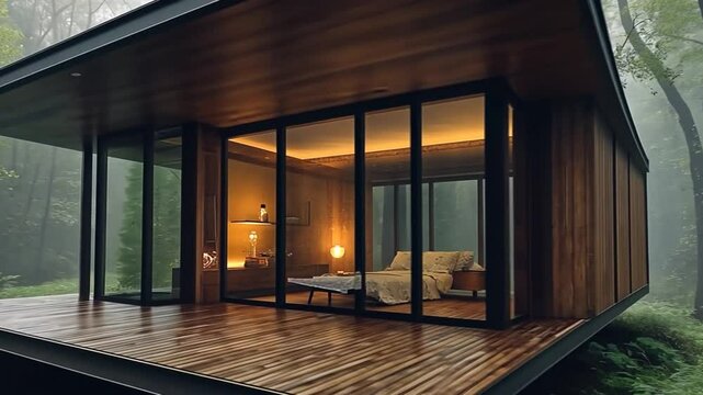 Minimalist cabin in the forest with large windows offering cozy interior views and modern architecture.
