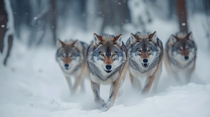 Fototapeta premium A Pack of Agile Wolves Hunting in the Snowy Wilderness Cinematic Documentary Portrait