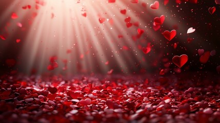Shimmering Red Heart Shaped Confetti Under Bright Sunburst Rays with Sparkles and Floating Hearts in a Romantic Atmosphere