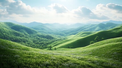Fototapeta premium Green hills and blue sky on beautiful sunny day high resolution picture