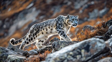 Majestic Snow Leopard Stalking Prey in Rugged Mountain Terrain