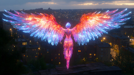 Fototapeta premium Celestial Ascent: A spectral figure, adorned with vibrant, radiant wings, hovers above a city, evoking a sense of ethereal beauty and otherworldly wonder.