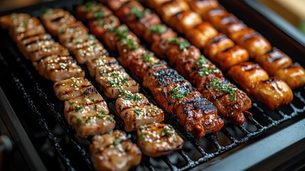 Delicious Grilled Meat Skewers and Sausages on a Barbecue Grill