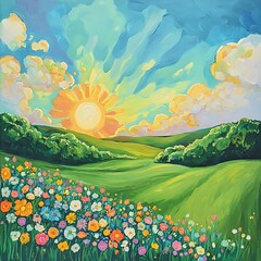 Green hills under clear blue sky on sunny day high resolution image