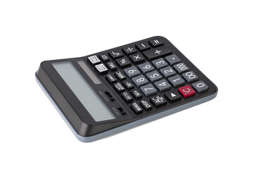 Closeup of single black digital calculator isolated on white background with clipping path.