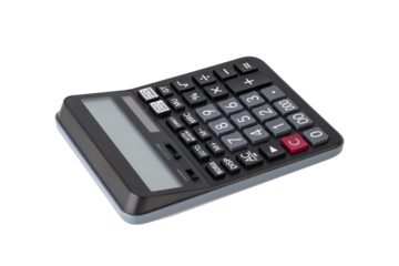 Closeup of single black digital calculator isolated on white background with clipping path.