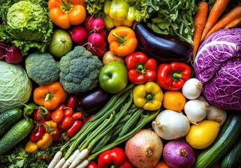 Vibrant array of fresh vegetables, diverse colorful produce, overhead shot
