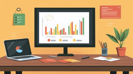 Computer on desk next to potted plant in modern office setting