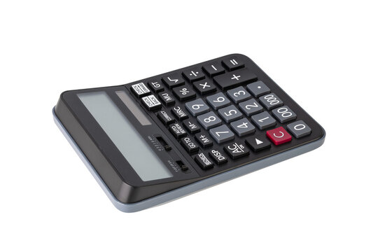 Closeup of single black digital calculator isolated on white background with clipping path.