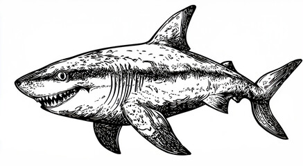 Fototapeta premium Exquisite Cartoon Shark Sketch: Monochrome Marine Art for Ocean Prints, Nautical Decor, and Projects with Transparent Background