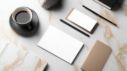 Table with a cup of coffee a pen and a notepad for writing and note-taking activities