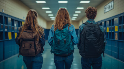 Concept: Three students walking away in a school hall, Back to School