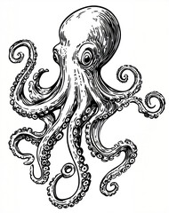 Octopus with 波 (Waves) Motifs, 筆ペン Line Art for Ocean-themed Designs