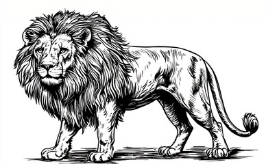 Obraz premium Regal Isolated Lion Sketch: High-Quality Monochrome Artwork with White Background for Wildlife Art and Decor