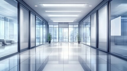 Fototapeta premium Long hallway featuring glass walls and glass floor in a modern architectural design