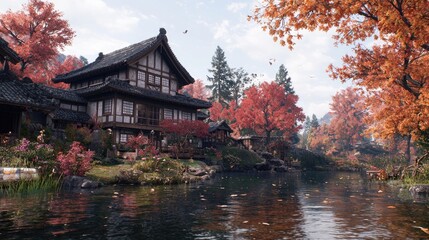 Obraz premium Traditional Japanese wooden house stands beside a calm pond surrounded by vibrant autumn foliage during a bright day.