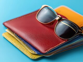 Stylish Travel Accessories on Vibrant Background Featuring Sunglasses and Colorful Document Holders